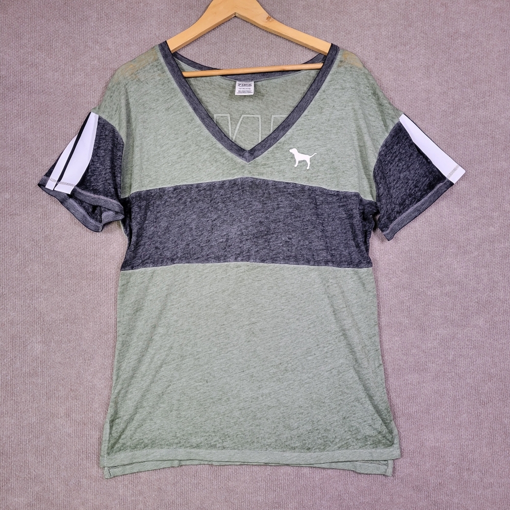 Victoria's Secret Burnout Tee Womens Small Green and Gray V-Neck T-Shirt